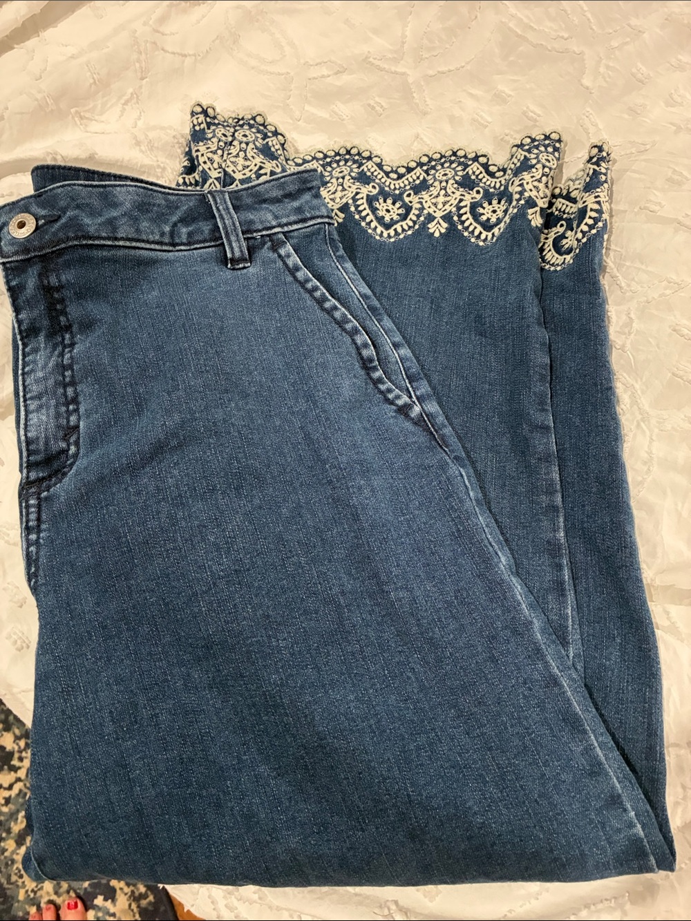 Style & Co. Dark Blue Ankle Jeans with Cream Embroidered Hem
